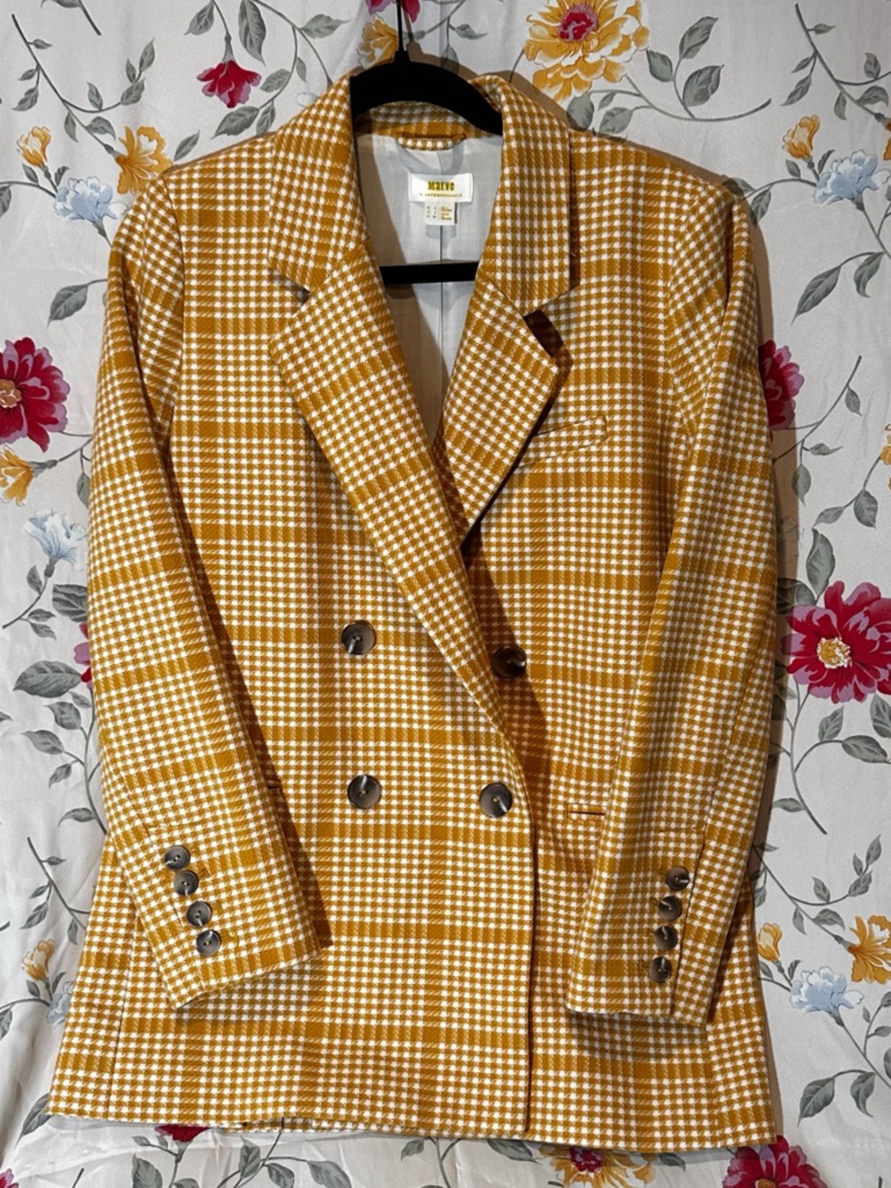 MAEVE BY ANTHROPOLOGIE MUSTARD YELLOW PLAID DOUBLE-BREASTED BLAZER & TROUSER SET - Picture 2 of 9